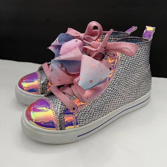 JoJo Siwa Purple Iridescent Mermaid Bow Lace Up Shoes High Top Sneakers Girl 2 - Picture 1 of 12
